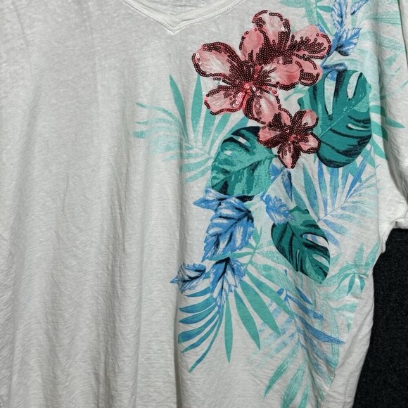 Chico's White Linen Blend Floral T Shirt White Sequin Embellished Size XL - Picture 3 of 8